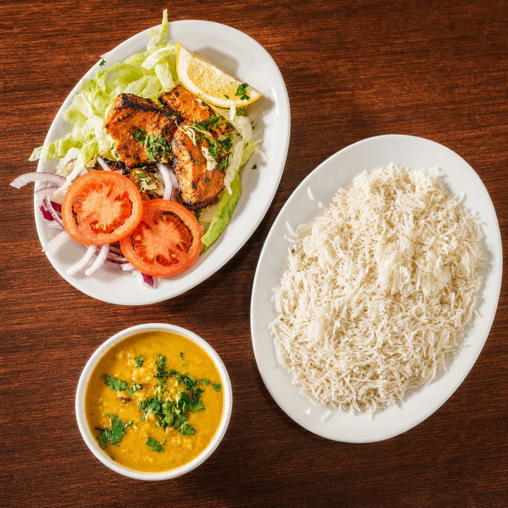 Grilled Fish with Daal and Rice.